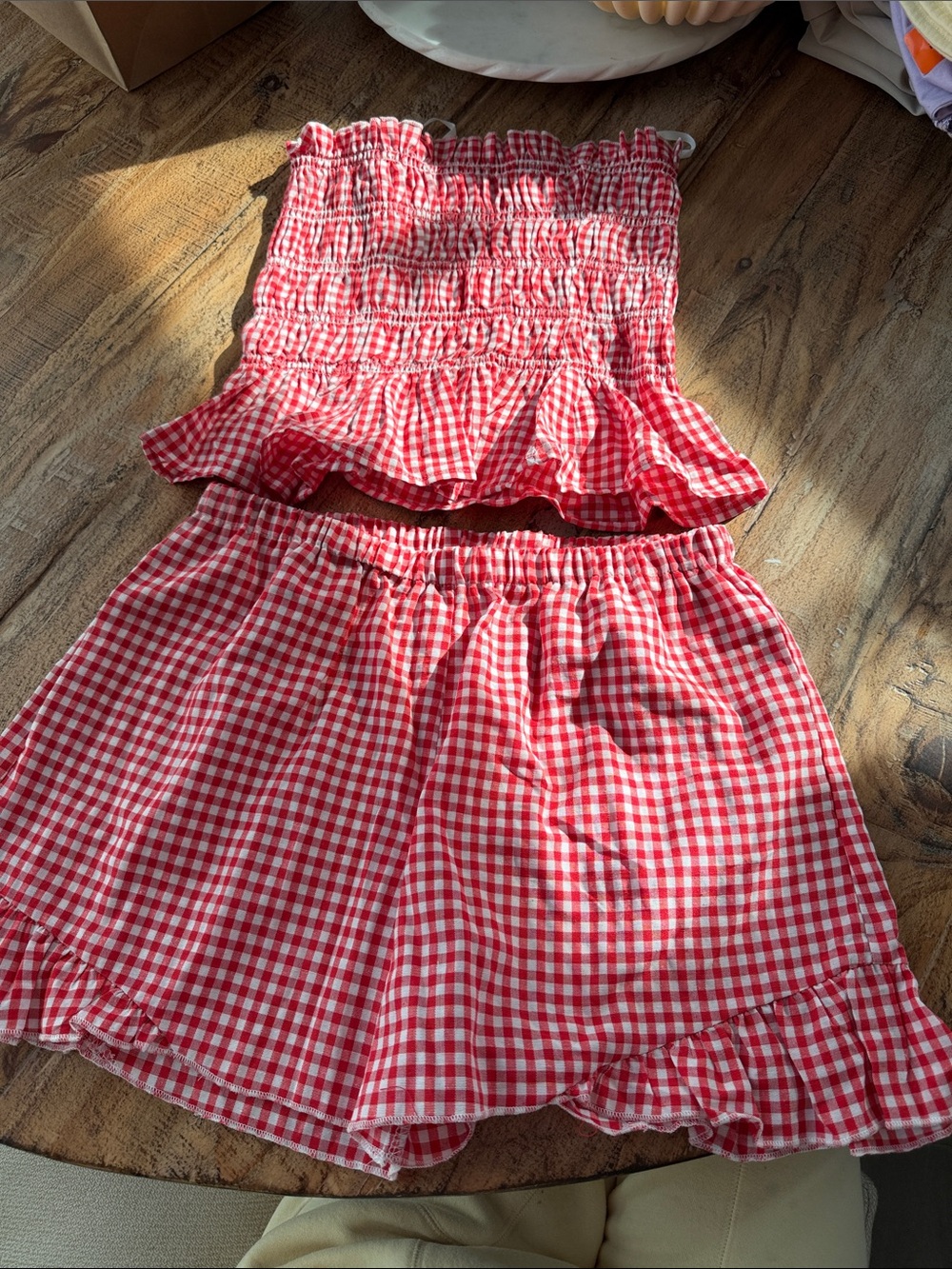 Red Gingham Smocked Tube Top & Skirt Set